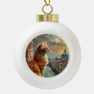 Twilight in Venice Ginger Cat on a Canal Ceramic Ball Christmas Ornament
