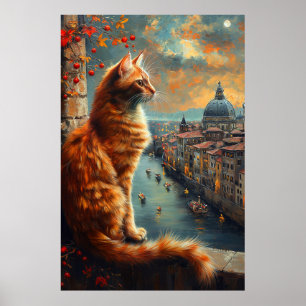 Twilight in Venice   Ginger Cat on a Canal Poster