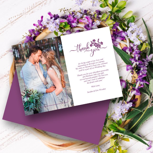 Twilight Lavender Floral Wreath Photo Wedding Thank You Card (Creator Uploaded)