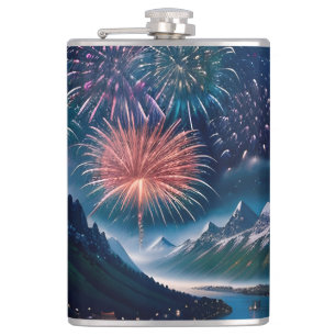 Twilight Mountain with Fireworks Hip Flask