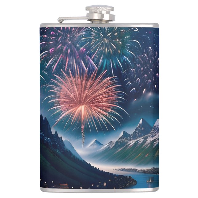 Twilight Mountain with Fireworks Hip Flask (Front)