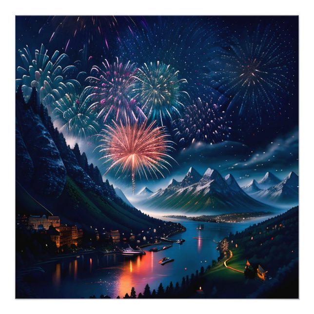 Twilight Mountain with Fireworks Photo Print (Front)