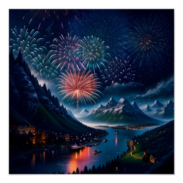 Twilight Mountain with Fireworks Poster (Front)