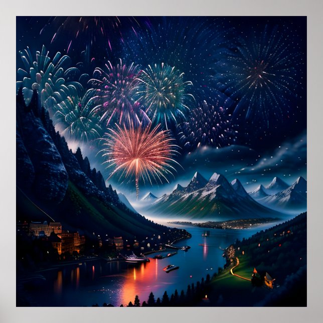 Twilight Mountain with Fireworks Poster (Front)