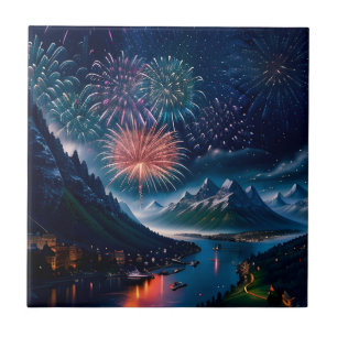 Twilight Mountain with Fireworks Tile