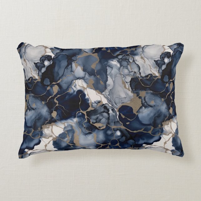 Twilight Navy Blue and Grey with Antique Gold Decorative Cushion (Front)