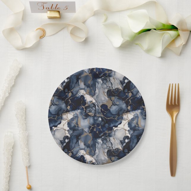 Twilight Navy Blue and Grey with Antique Gold Paper Plate (Wedding)