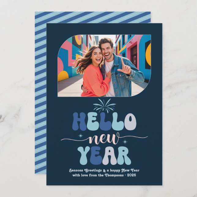 Twilight Ocean Hello New Year Blue Retro Photo Holiday Card (Front/Back)