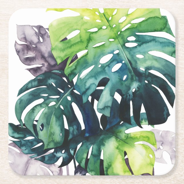 Twilight Palms - Split Leaf Square Paper Coaster (Front)