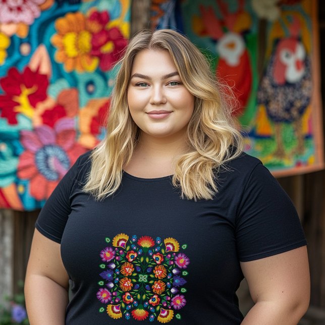 Twilight Petals: Wycinanki Charm Plus Size T-Shirt (Plus size black t shirt with awesome polish folklor arrangement)