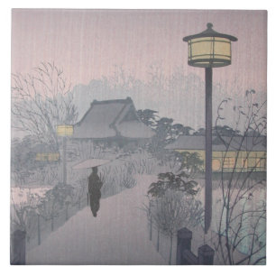 Twilight Rain on Path to Shinobazu in Japan Tile