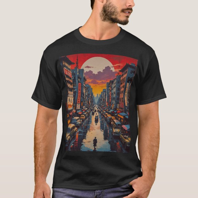 Twilight Reflections in Neon City T-Shirt (Front)