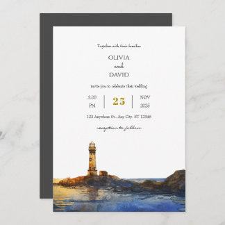 Twilight Rocky Lighthouse Watercolor Beach Wedding Invitation
