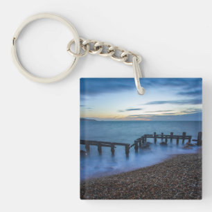 Twilight Sky Over Shoreline and Breakwaters Key Ring