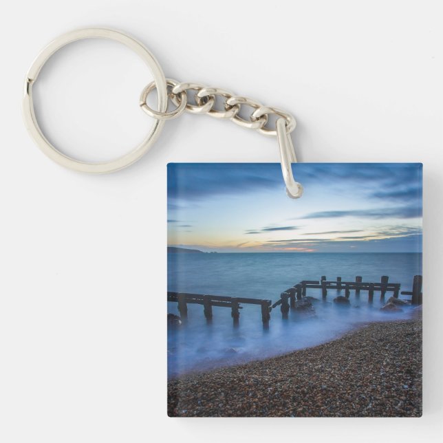 Twilight Sky Over Shoreline and Breakwaters Key Ring (Front)