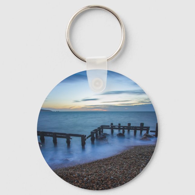 Twilight Sky Over Shoreline and Breakwaters Key Ring (Front)