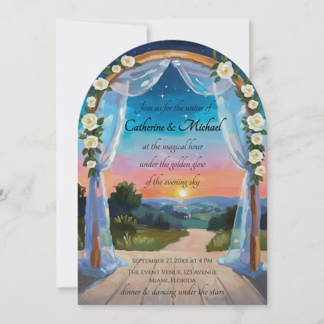 Twilight Sunset Wedding Arch Tropical Beach Summer Invitation (Front)