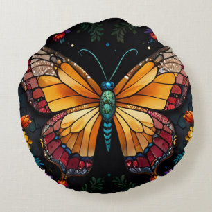 Twilight Symphony: Butterfly in a Cosmic Garden Round Cushion