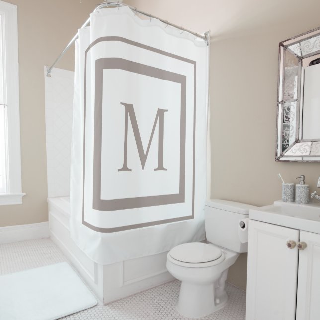 Twilight taupe and white  square border monogram shower curtain (In Situ)