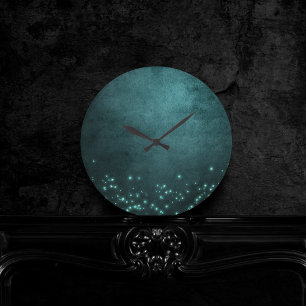 Twilight Teal   Deep Green Aqua Neon Glow Stars Round Clock