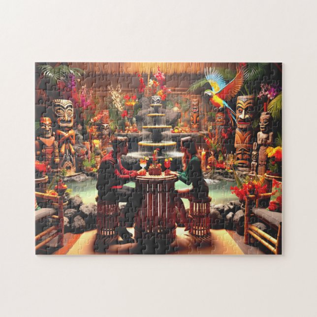 Twilight Tiki Bar Intimate Jungle Scene Jigsaw Puzzle (Horizontal)