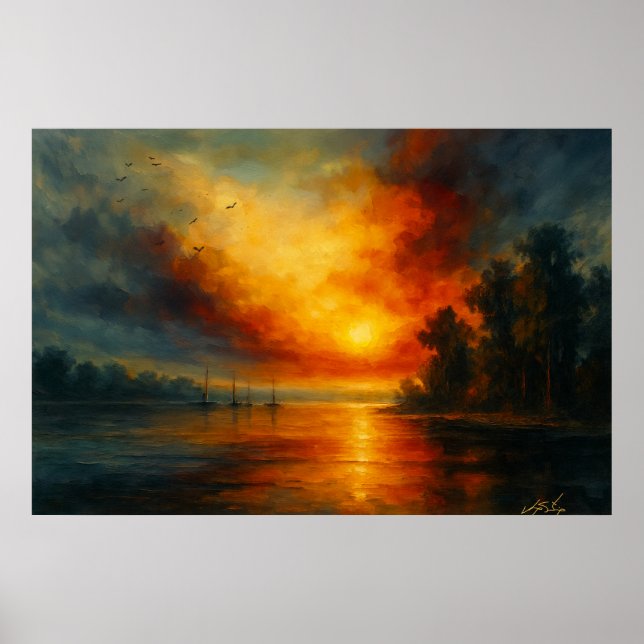 Twilight Voyage Fiery Sunset and Calm Lake Poster (Front)