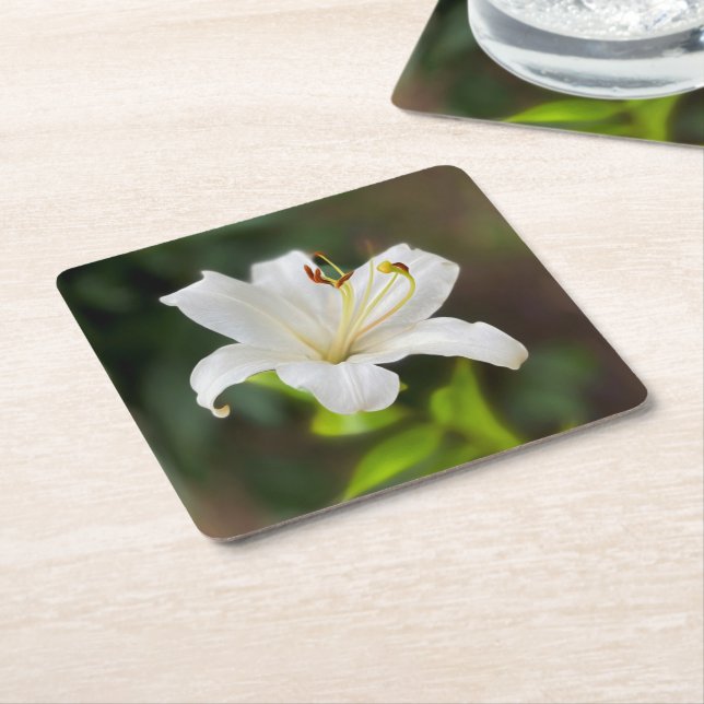 Twilight white lily square paper coaster (Angled)