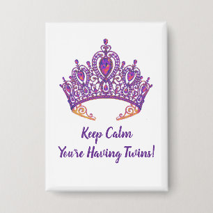 Twin Announcement Button with Purple Crown