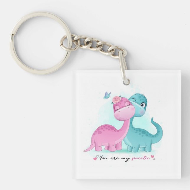 Twin Aqua and Pink Dinosaur   Key Ring (Front)