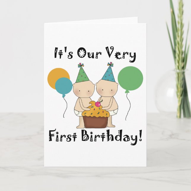 Twin Babies 1st Birthday Tshirts and Gifts Card (Front)