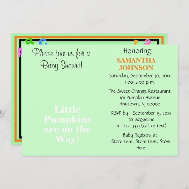 Twin Babies Pumpkin Baby Shower ABC 123 Invitation (Front/Back)