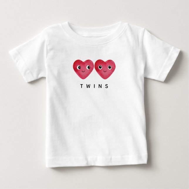 Twin Babies Two Watercolour Red Hearts Smiling Baby T-Shirt (Front)