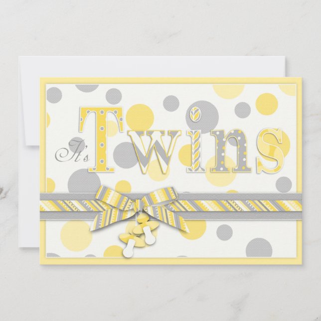 Twin Babies Yellow Grey Dots Baby Shower Invitation (Front)