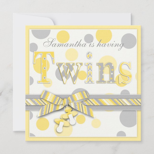 Twin Babies Yellow Grey Dots Baby Shower Invitation (Front)