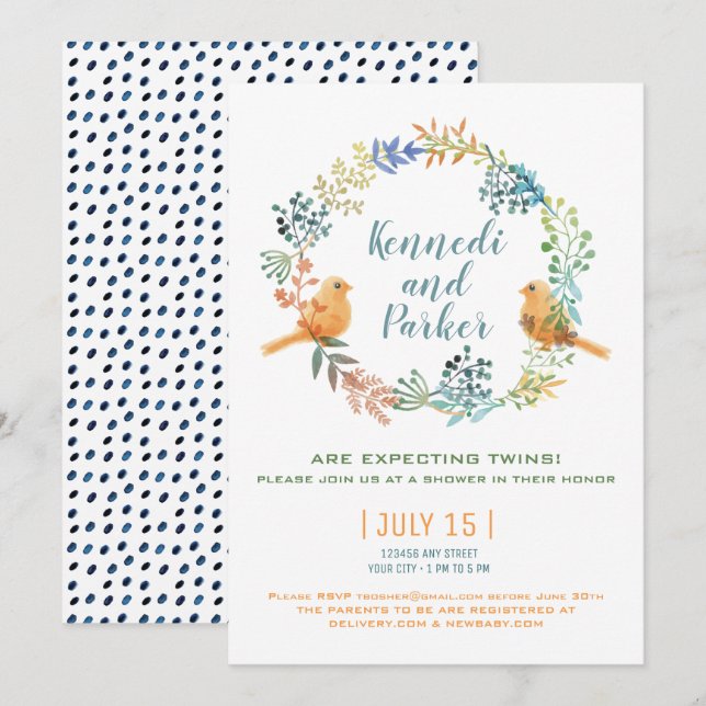 Twin Baby Birds And Flowers Baby Shower Invitation (Front/Back)