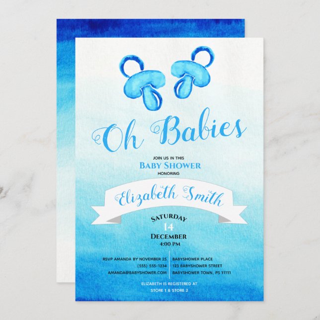 Twin baby boy watercolor babyshower invitation (Front/Back)