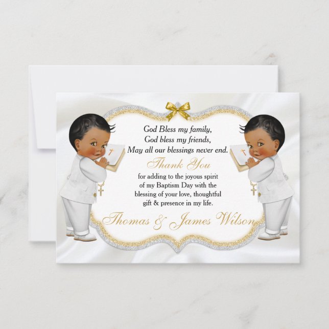 Twin Baby Boys Baptism Gold Cross Thank You (Front)