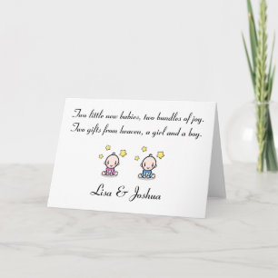 twin baby congratulations card, girl & boy twins, card