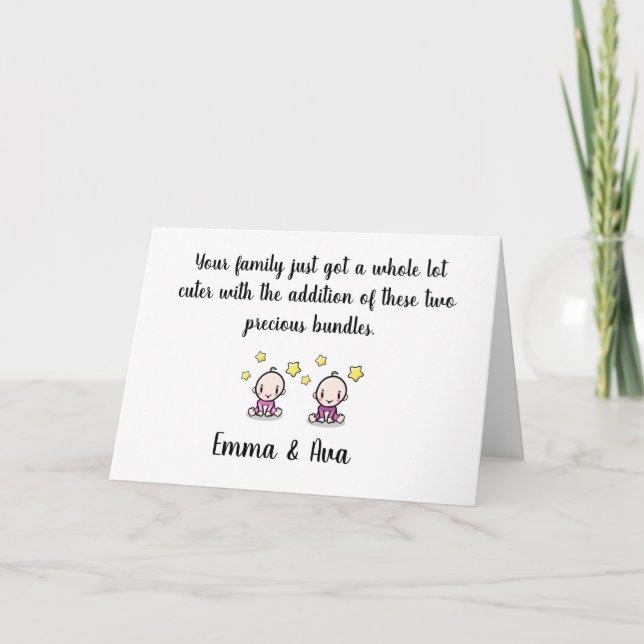 twin baby congratulations card, names, girl twins  card (Front)