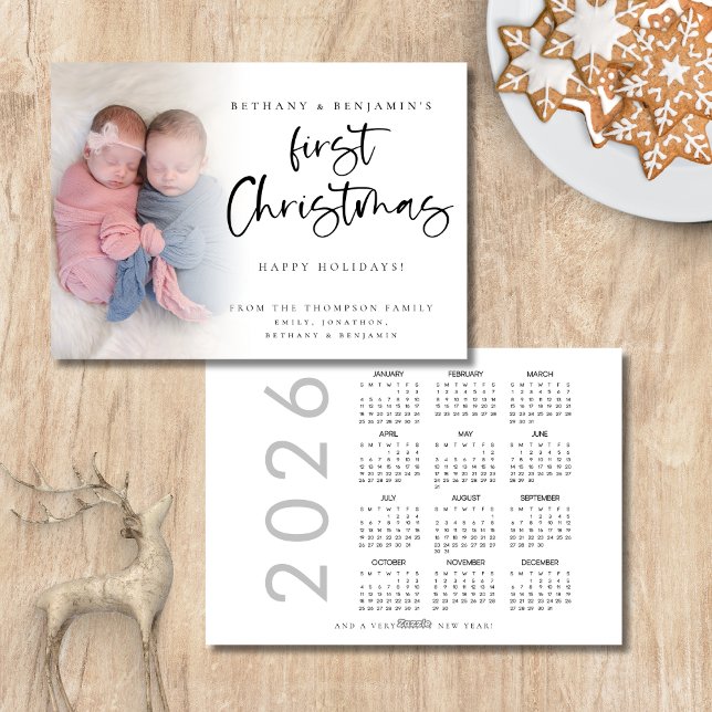 Twin Baby First Christmas Photo 2026 Calendar Holiday Card (Front and back view)