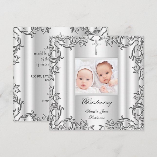 Twin Baby Girl Boy Christening Baptism White Invitation (Front/Back)