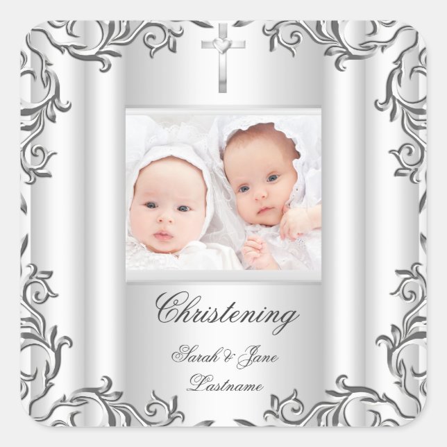 Twin Baby Girl Boy Christening Baptism White Square Sticker (Front)