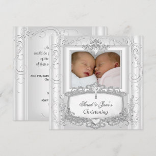 Twin Baby Girl or Boy Christening Baptism White Invitation