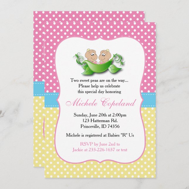 Twin Baby Girl Shower - Two Peas In A Pod Invitation (Front/Back)