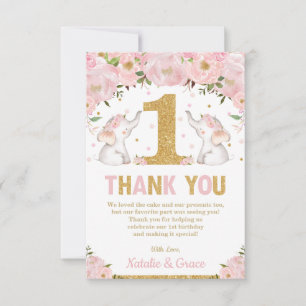 Twin Baby Girls 1st Birthday Pink Floral Elephant Thank You Card