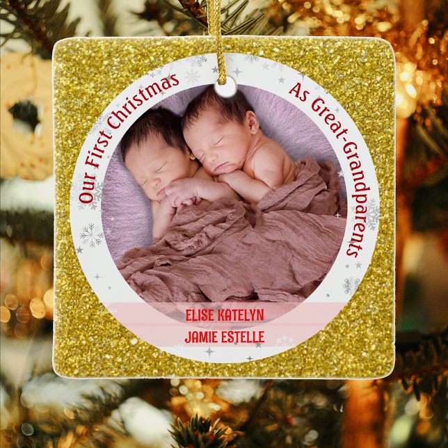 Twin Baby Girls 1st Xmas Great-Grandparents Photos Ceramic Ornament (Elegant Modern Cute Golden Our First Christmas as Great-Grandparents Twin Girls Photo Faux Glitter)