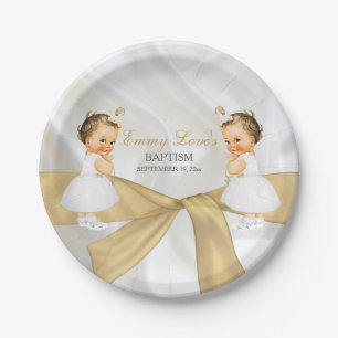Twin Baby Girls Baptism Christening Gold White Paper Plate