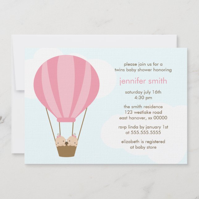 Twin Baby Girls in a Pink Balloon Baby Shower Invitation (Front)