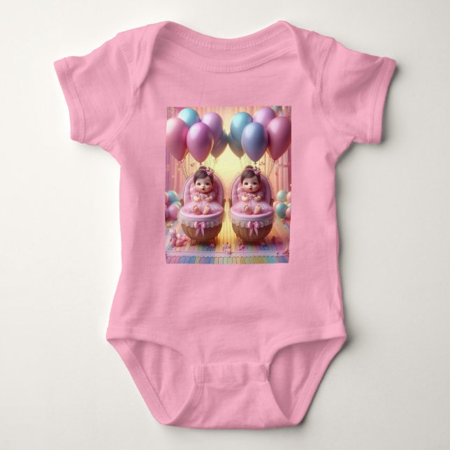 Twin Baby Girls In Pastel Balloons and Ribbons Bodysuit (Front)