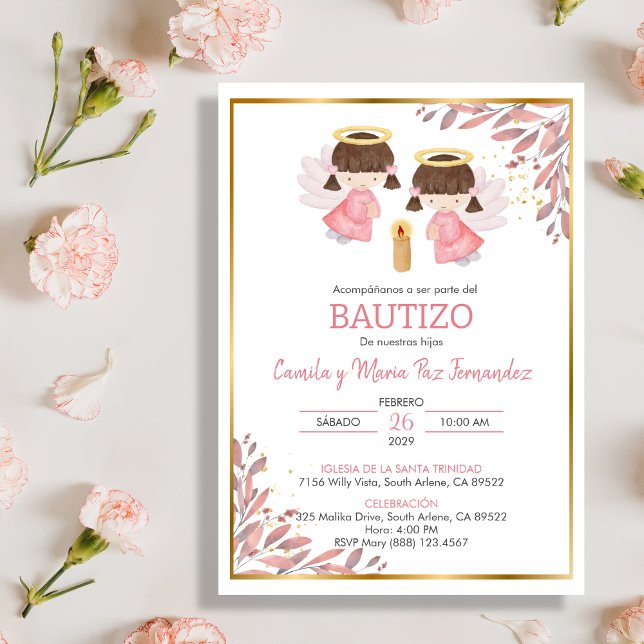 Twin Baby Girls Invitacion Bautizo Leaves Baptism Invitation (Creator Uploaded)